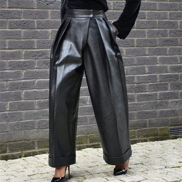 Black Elegant Women's Faux leather Baggy pocketed Pants contemporary high street - Picture 1 of 6
